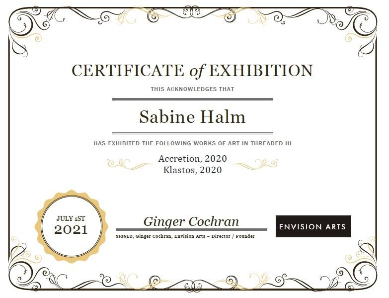 Certificat d'exposition art du fil sabine halm sculptures textile